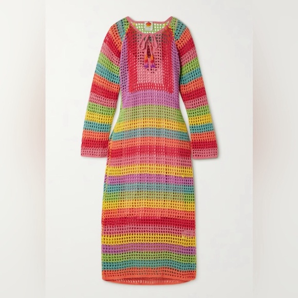 🌻NWT FARM RIO MULTICOLOR CROCHET TASSEL-TIE MAXI DRESS IN LIGHT CHEVRON - Picture 5 of 8